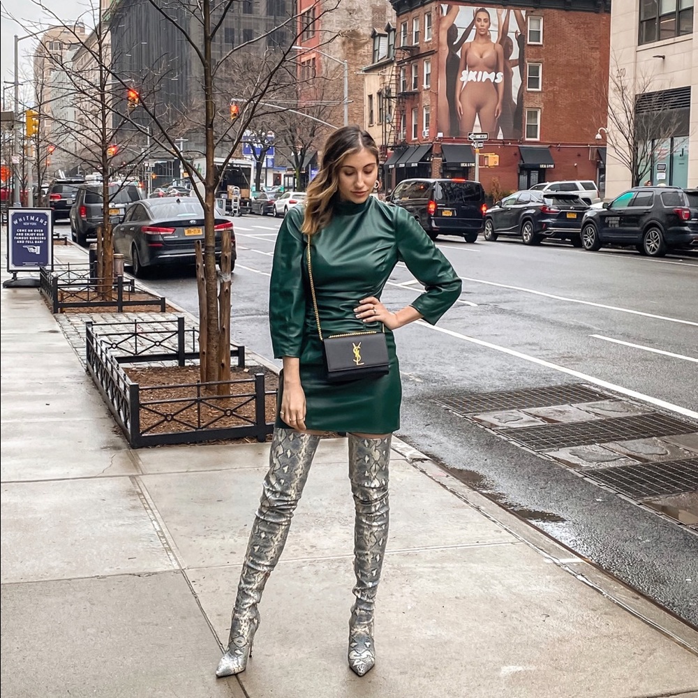 Zara Mini Dress Green Faux Leather Ruched S